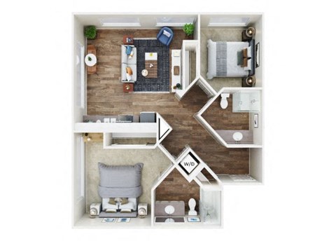 Floor plan for 2 beds, 2 baths, 973 sqft